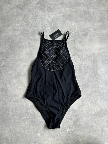 Chanel 23C Black Silver Crystal CC Logo One-Piece Swimsuit (1)