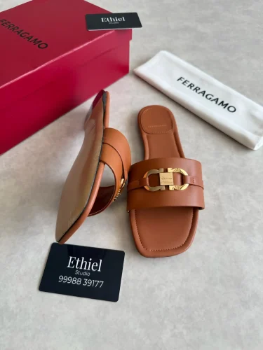 Ferragamo Gancini Ornament Leather Flat Slides (1)